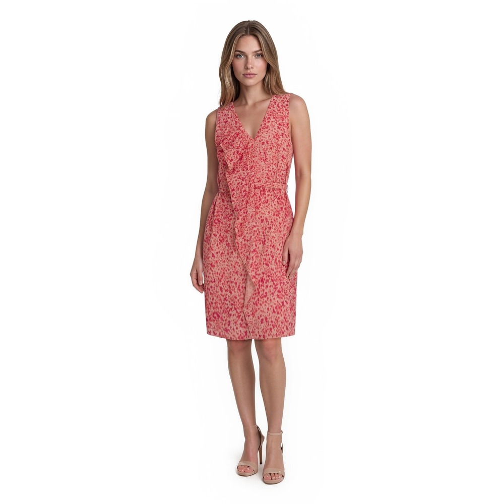 Ann Taylor Ruffle Sheath Dress Women's Size 4 Multicolor Abstract Pink Orange